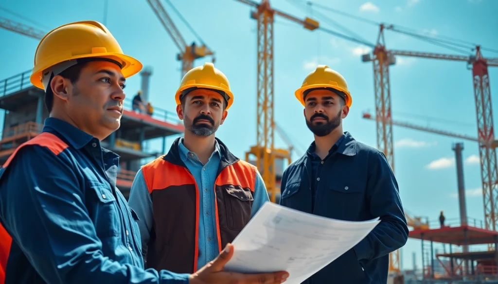 Manhattan Construction Manager reviews blueprints with a colleague on an active construction site.