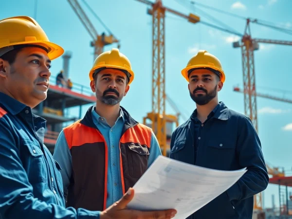 Manhattan Construction Manager reviews blueprints with a colleague on an active construction site.