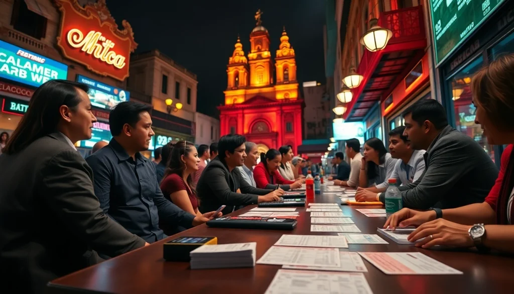 Explore the vibrant scene of the best sports betting sites in Mexico with dynamic characters engaging in betting.