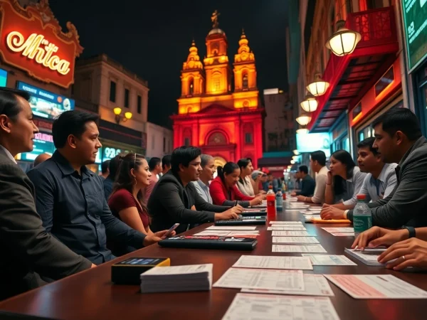 Explore the vibrant scene of the best sports betting sites in Mexico with dynamic characters engaging in betting.