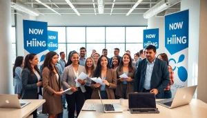 Engaged applicants at a job fair exploring new hire jobs opportunities in a modern setting.