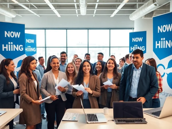 Engaged applicants at a job fair exploring new hire jobs opportunities in a modern setting.
