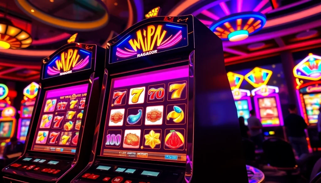 Menampilkan slot gacor yang menarik pada mesin slot dengan simbol berwarna-warni dan lampu LED yang cerah.