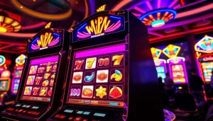 Menampilkan slot gacor yang menarik pada mesin slot dengan simbol berwarna-warni dan lampu LED yang cerah.