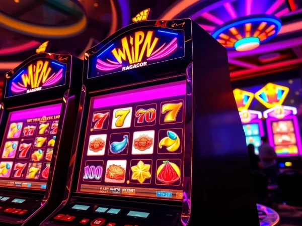 Menampilkan slot gacor yang menarik pada mesin slot dengan simbol berwarna-warni dan lampu LED yang cerah.