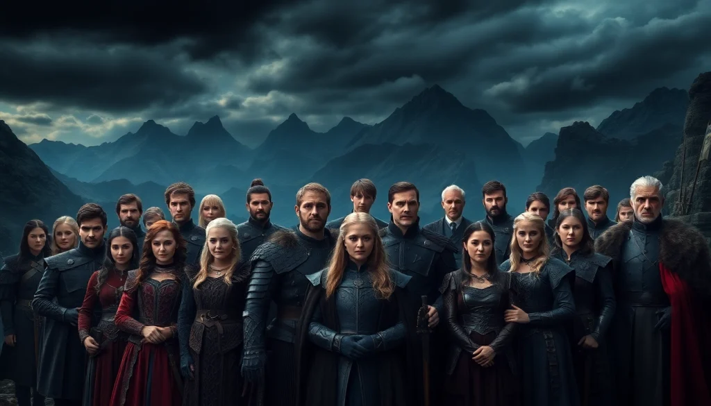 Featuring the game of thrones cast showcasing their iconic characters in a dramatic medieval castle.