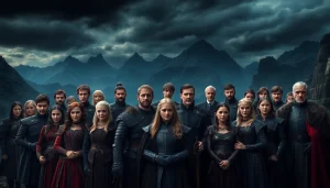 Featuring the game of thrones cast showcasing their iconic characters in a dramatic medieval castle.