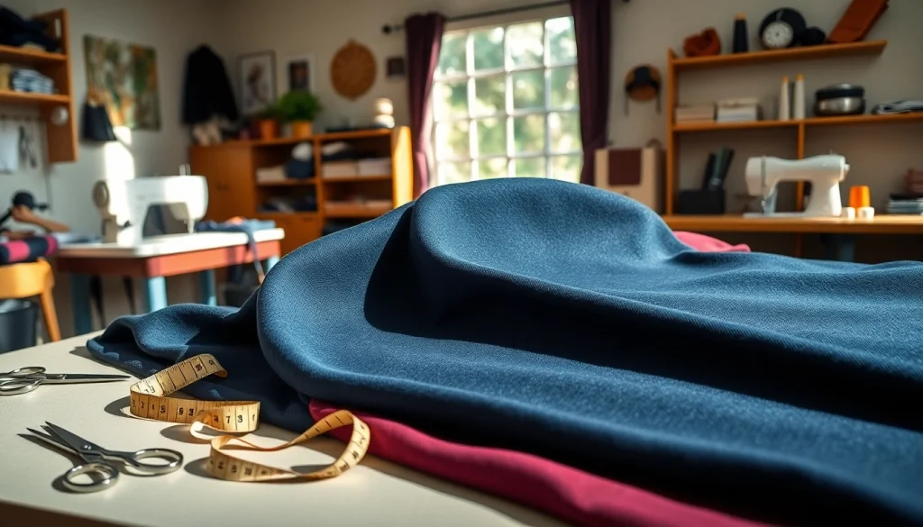 Punta di Roma stof weergegeven met naaiaccessoires in een creatieve omgeving.