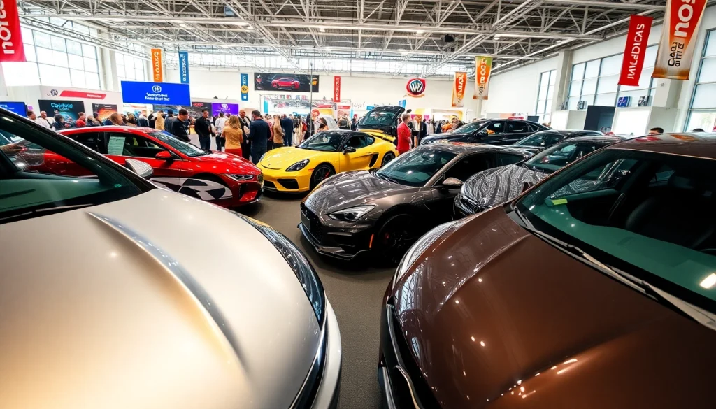 Exciting Auto Cars Show displaying sleek new vehicles and engaged attendees in a lively atmosphere.