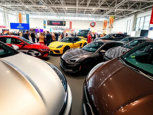 Exciting Auto Cars Show displaying sleek new vehicles and engaged attendees in a lively atmosphere.