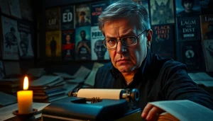 Thriller author contemplating under moody lighting with a vintage typewriter