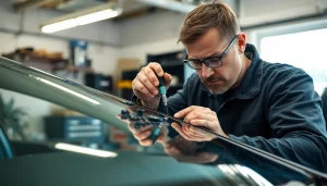 Technician performing chip repair on a car windshield, ensuring clarity and precision in the process.