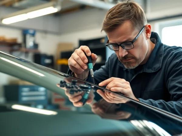 Technician performing chip repair on a car windshield, ensuring clarity and precision in the process.