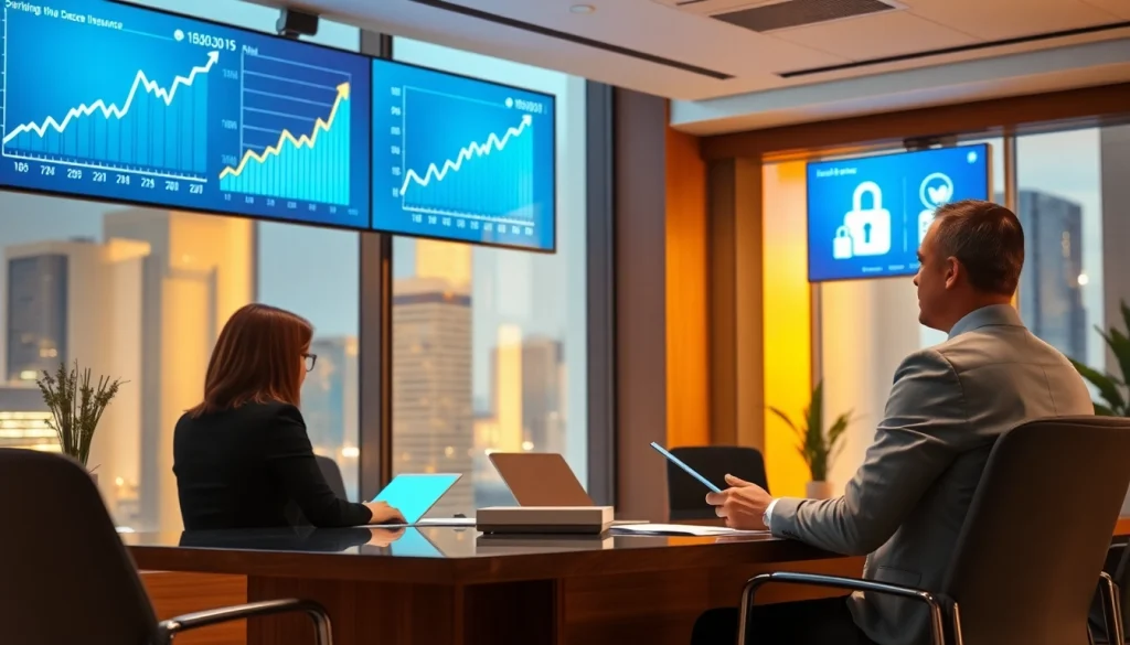 Professional financial advisor’s office illustrating trust and security with insurance focus, 79king hn branding, modern finance scene