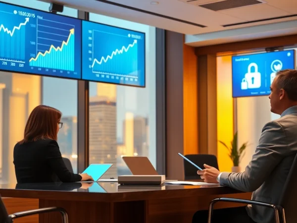 Professional financial advisor’s office illustrating trust and security with insurance focus, 79king hn branding, modern finance scene