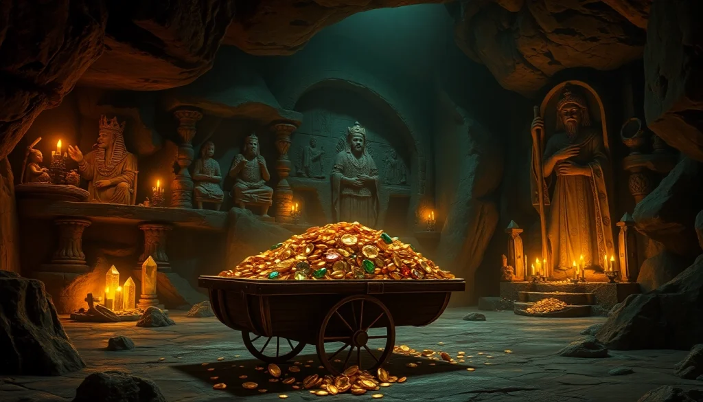 Discover the treasures of King Solomon's Mine, featuring a treasure cart filled with gold and gemstones in a mystical cavern.