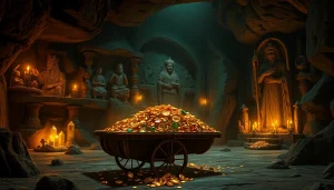 Discover the treasures of King Solomon's Mine, featuring a treasure cart filled with gold and gemstones in a mystical cavern.