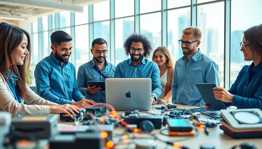 Engineers actively collaborating with advanced Technology in a bright, modern office setting.