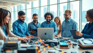 Engineers actively collaborating with advanced Technology in a bright, modern office setting.