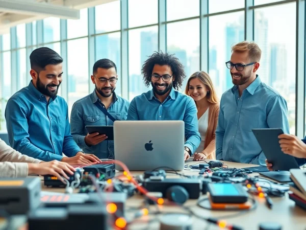 Engineers actively collaborating with advanced Technology in a bright, modern office setting.