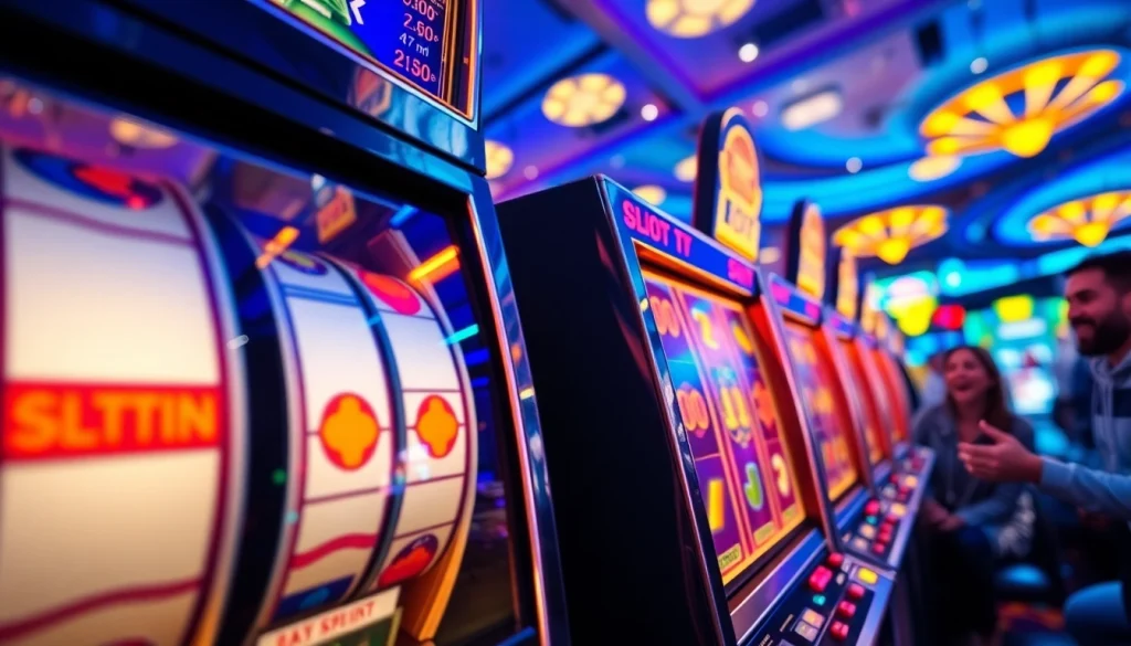 Memenangkan slot online dengan mesin slot berwarna-warni dan pemain yang bersukacita.