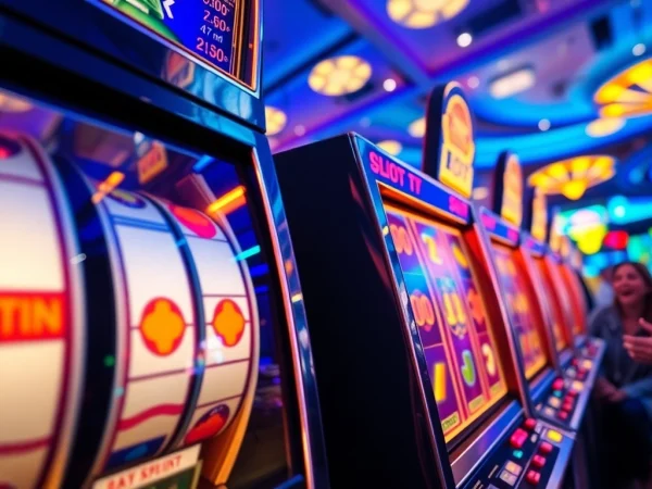Memenangkan slot online dengan mesin slot berwarna-warni dan pemain yang bersukacita.