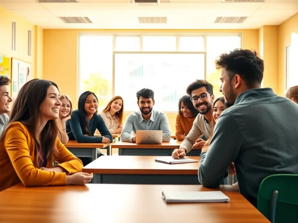 Education students collaborate in a vibrant classroom, fostering teamwork and enthusiasm.