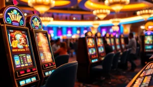 Menggugah semangat bermain bro138 slot dengan mesin slot berwarna cerah dan pemain yang antusias.