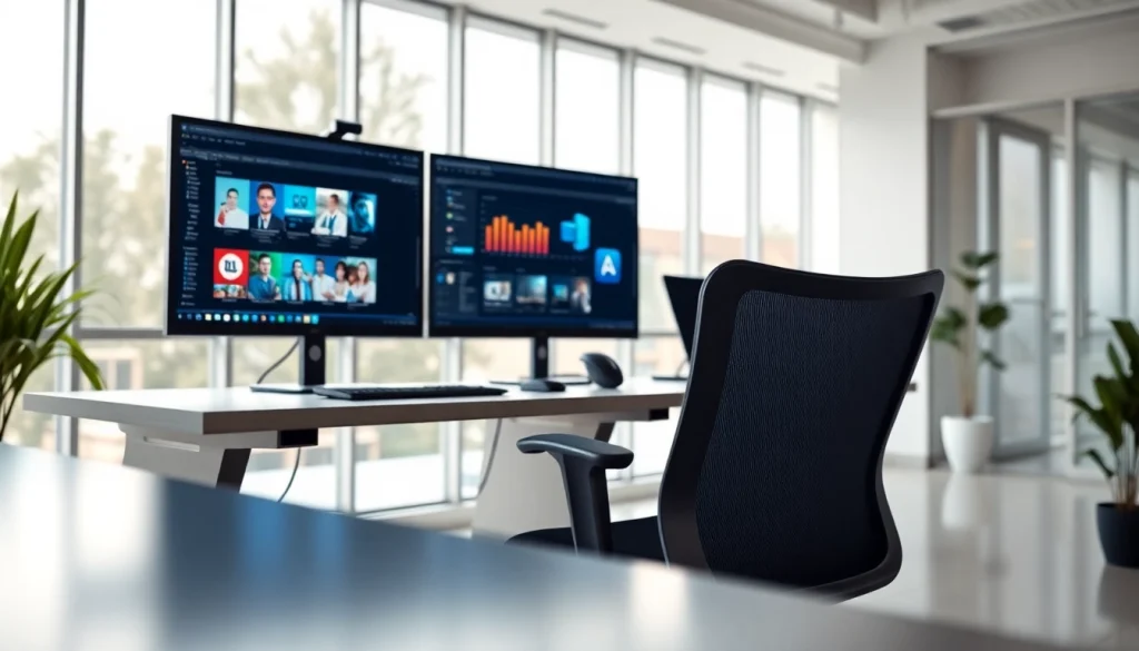Experience a virtual desktop setup with dual monitors in a bright, modern office.