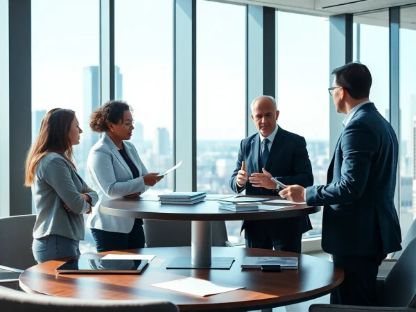 Engaging scene with a crisis management consultant discussing strategies with a team.