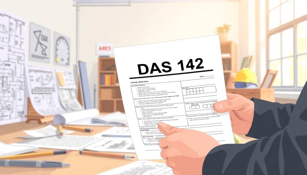 DAS 142 form being reviewed by a contractor in a well-organized workspace.