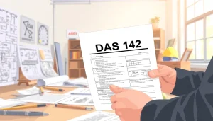 DAS 142 form being reviewed by a contractor in a well-organized workspace.