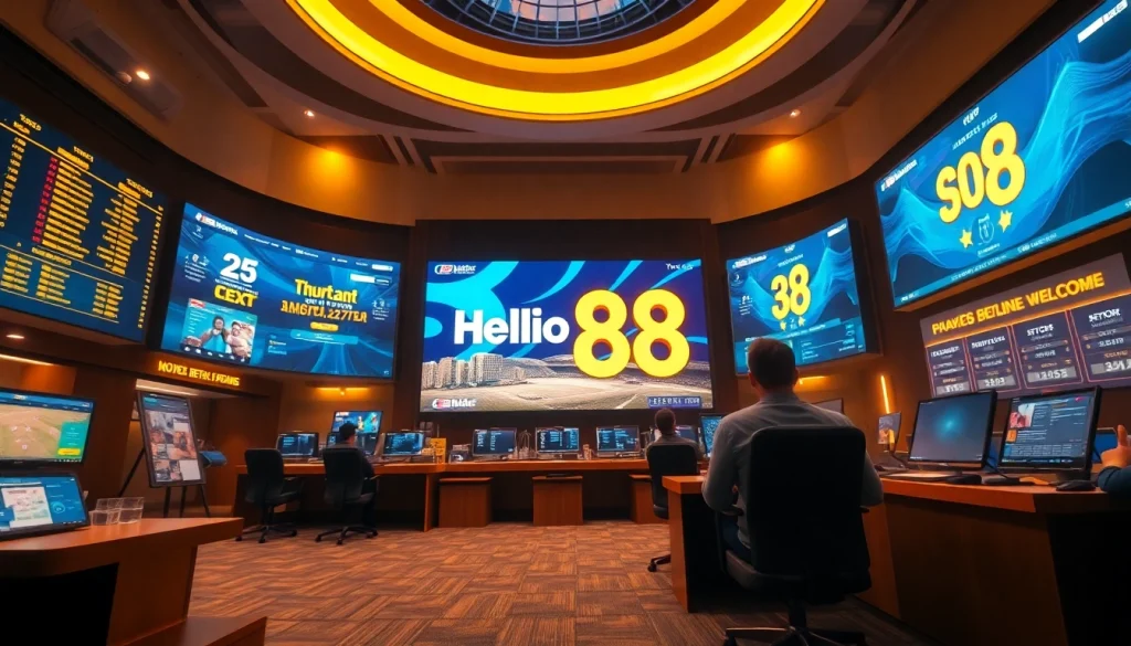 Hello88's engaging online betting platform interface featuring stylish graphics and live scoreboards.