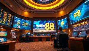 Hello88's engaging online betting platform interface featuring stylish graphics and live scoreboards.