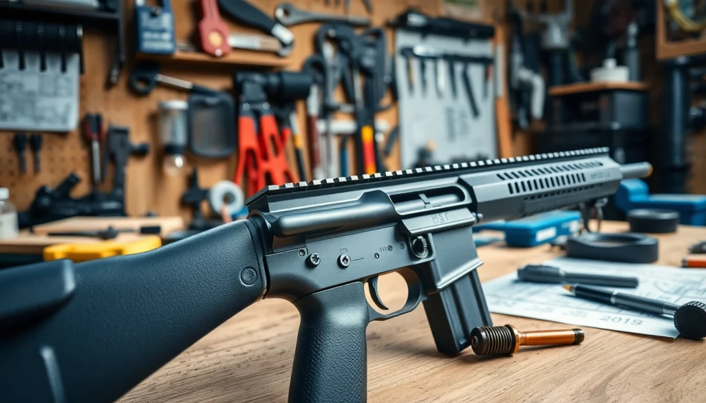 Examine the ar super safety trigger showcased with tools in a workshop environment.