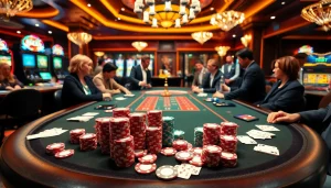 Experience the excitement of poker at 789f.best with colorful chips and intense players capturing the buzz of the casino.