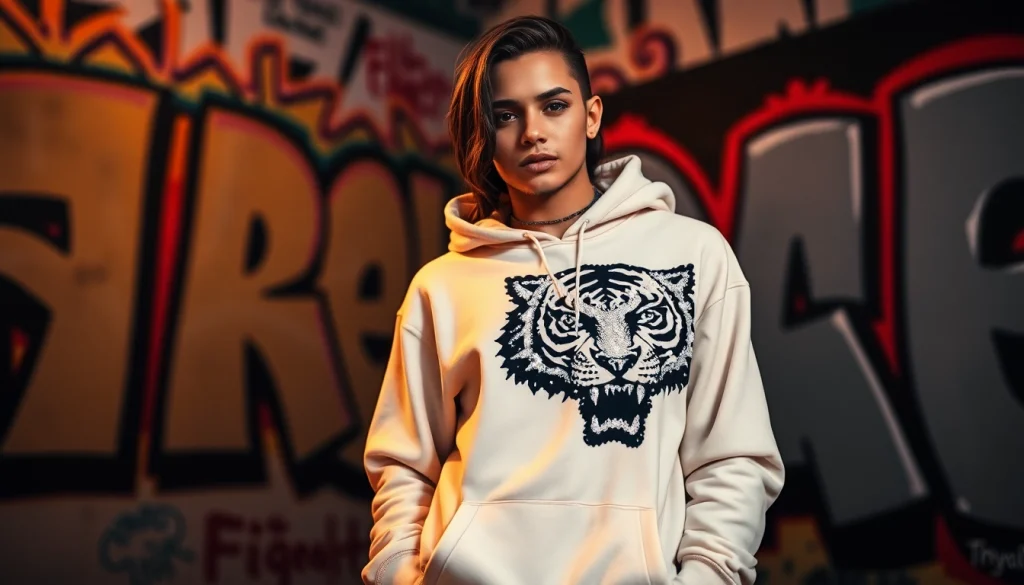 RageOff crystal tiger hoodie worn by a model in an urban setting, showcasing crystal details and trendy streetwear style.