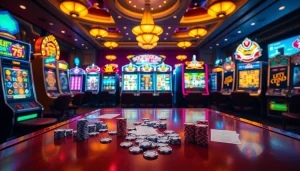 Experience thrill with Situs Slot Gacor in a vibrant casino scene filled with lively slot machines.