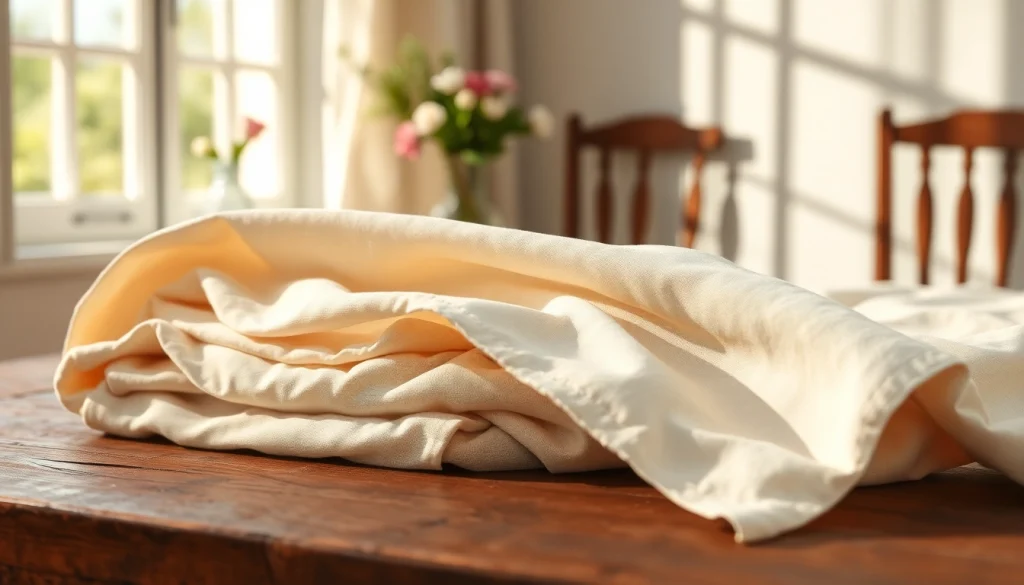 Linnen stof met textuurdetails op een rustieke houten tafel in zonlicht