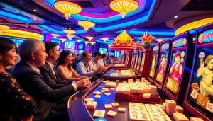 Menampilkan slot mahjong yang menarik di kasino dengan pemain yang terlibat.