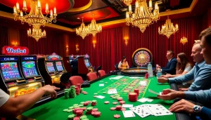 Experience the thrilling ambiance at Thabet with poker chips, slot machines, and exciting gameplay.