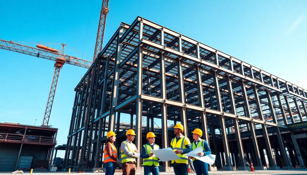 Workers engaged in structural steel construction, demonstrating teamwork on a busy building site.