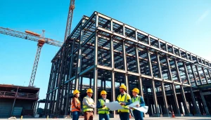 Workers engaged in structural steel construction, demonstrating teamwork on a busy building site.