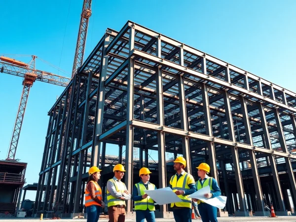 Workers engaged in structural steel construction, demonstrating teamwork on a busy building site.