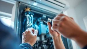 Technician inspecting HVAC system with das 140 components in a modern home environment.