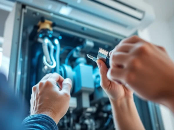 Technician inspecting HVAC system with das 140 components in a modern home environment.