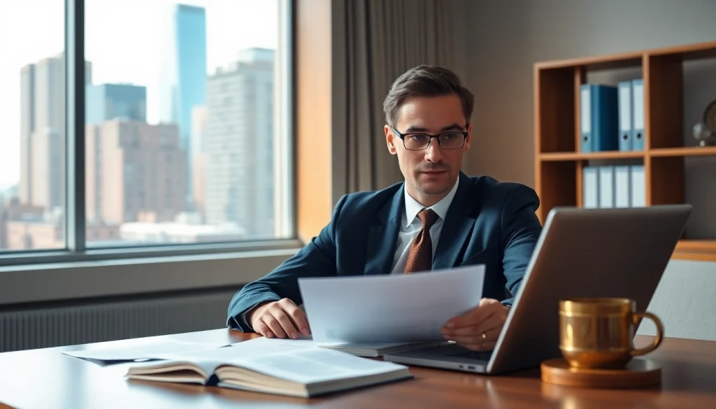Expert intellectual property lawyer reviewing legal documents in a bright, modern office setting.