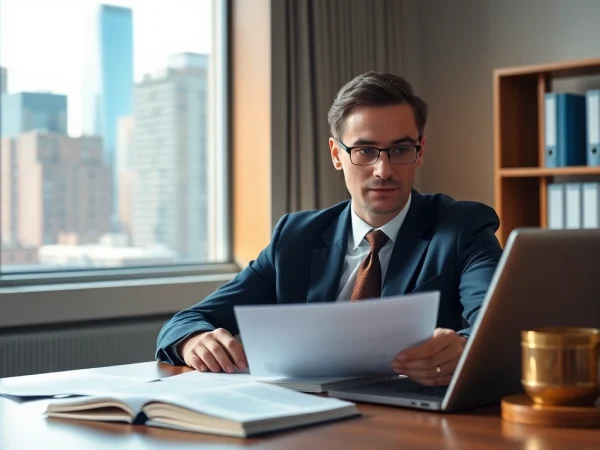 Expert intellectual property lawyer reviewing legal documents in a bright, modern office setting.