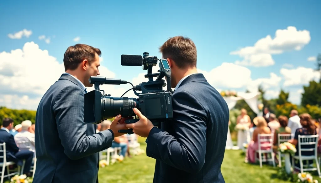 Videographer capturing a wedding ceremony outdoors, showcasing emotional moments with precision.