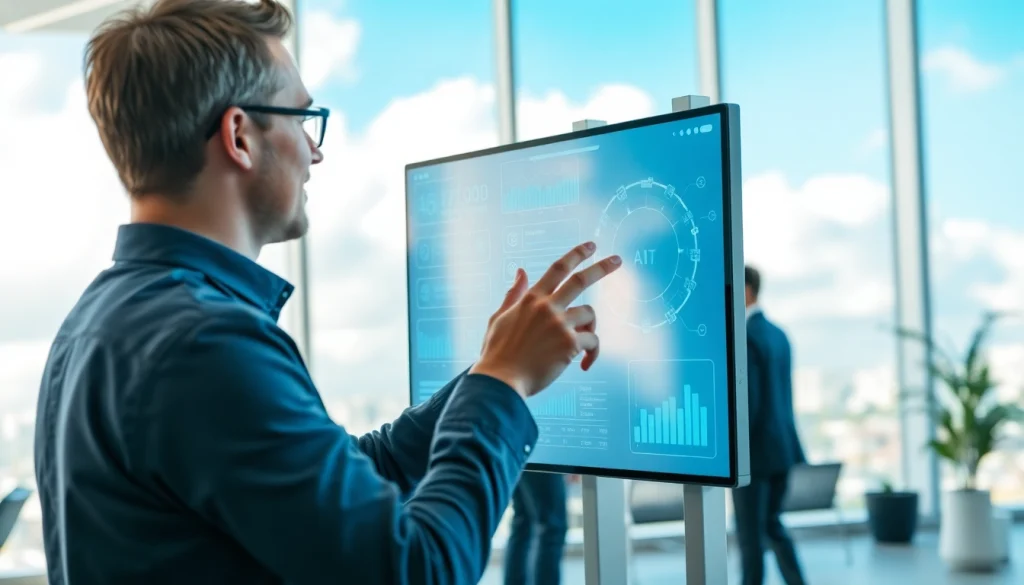 Interactive human interface with AI showcasing user engagement in a modern office.